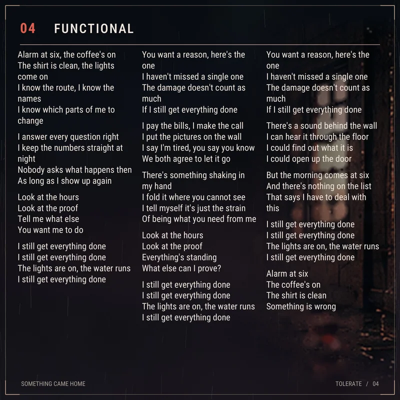 Lyric sheet for track 4, Functional.