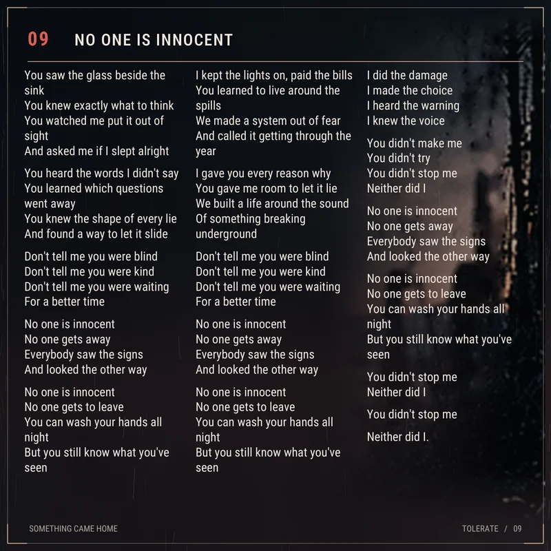 Lyric sheet for track 9, No One Is Innocent.