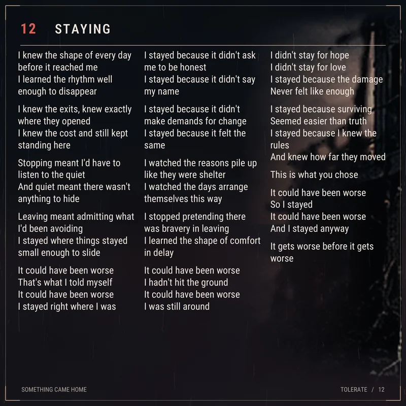 Lyric sheet for track 12, Staying.