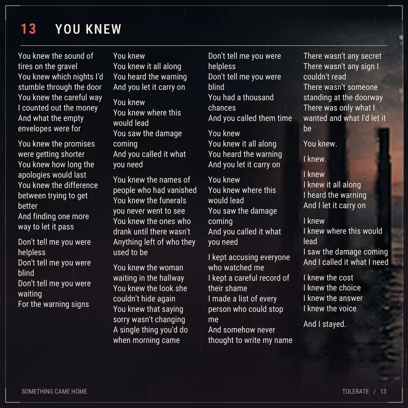 Lyric sheet for track 13, You Knew.