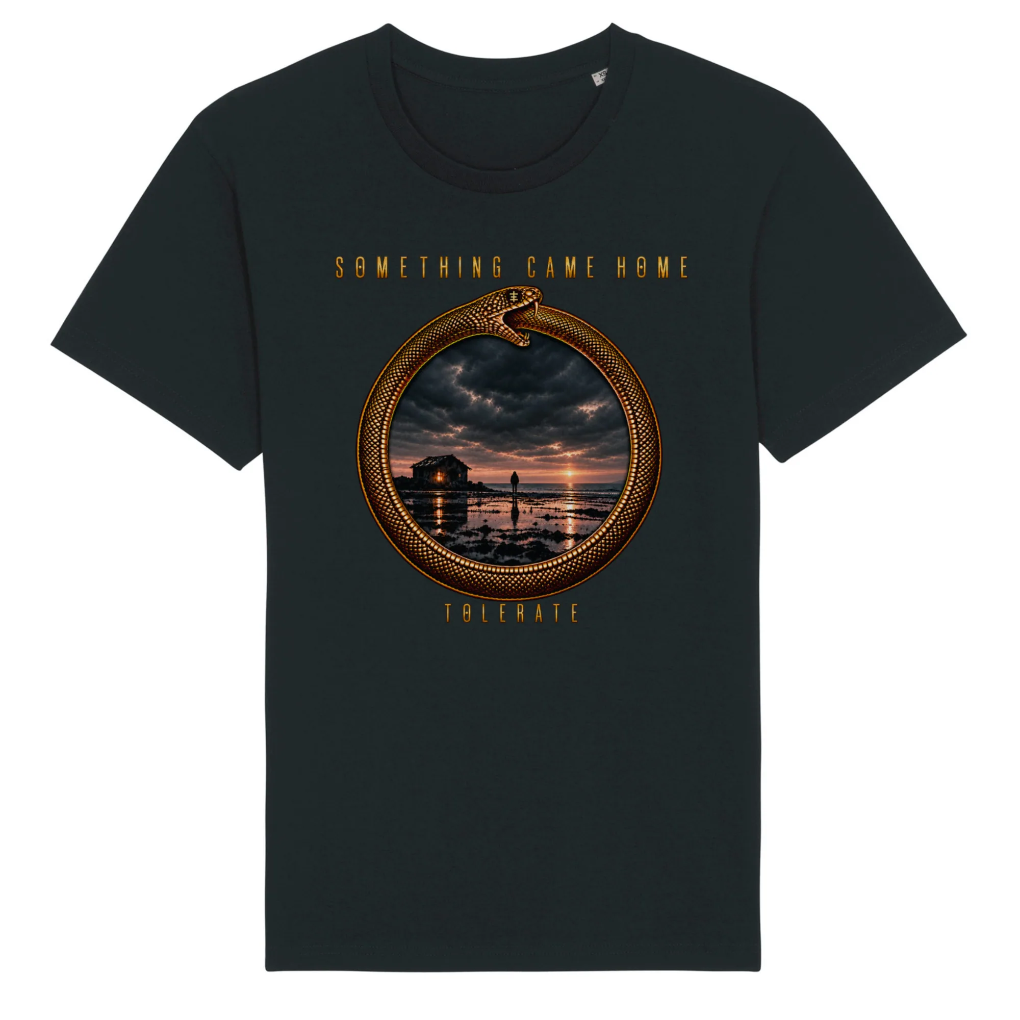 Color tee in Black, front view: gold ouroboros ring framing a stormy sunset over a tidal flat, with the band name above and TOLERATE below.