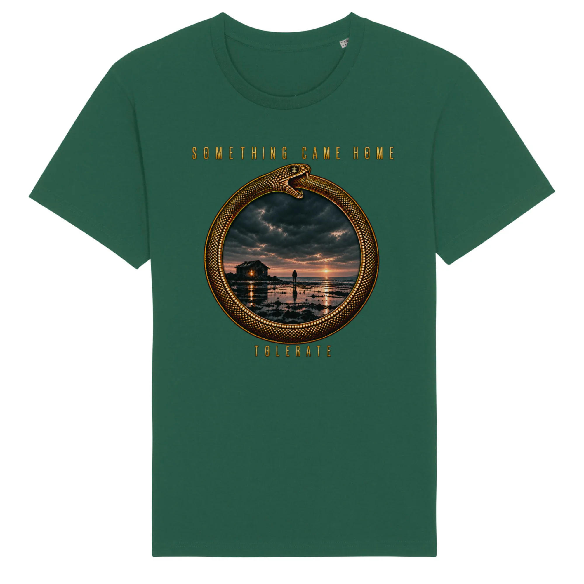 Color tee in Bottle Green, front view: gold ouroboros ring framing a stormy sunset over a tidal flat, with the band name above and TOLERATE below.