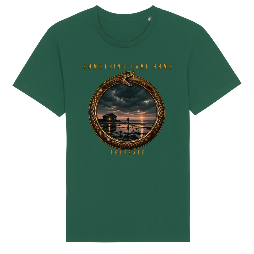 Color tee in Bottle Green, front view: gold ouroboros ring framing a stormy sunset over a tidal flat, with the band name above and TOLERATE below.