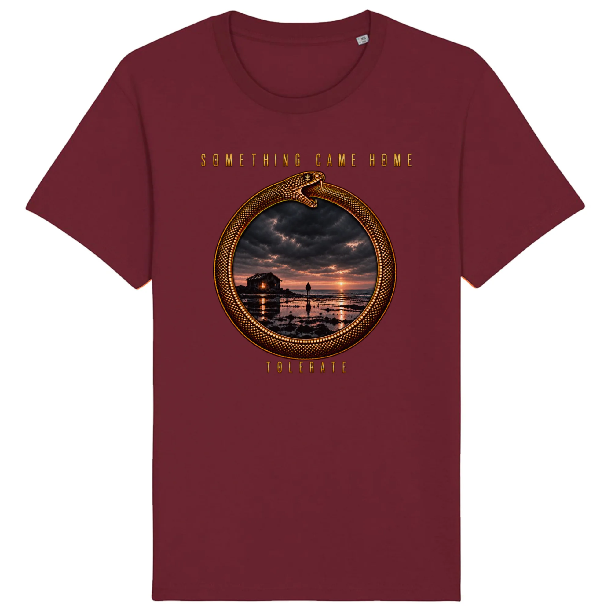 Color tee in Burgundy, front view: gold ouroboros ring framing a stormy sunset over a tidal flat, with the band name above and TOLERATE below.