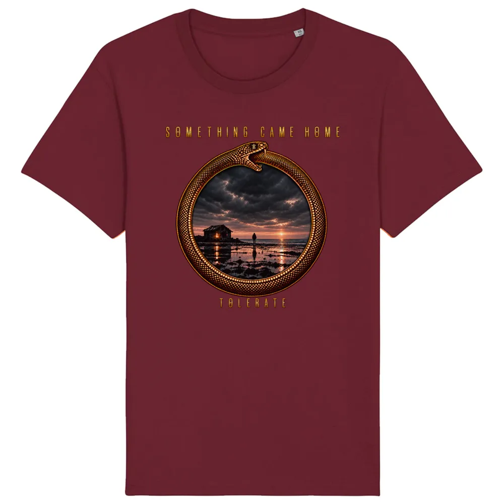 Color tee in Burgundy, front view: gold ouroboros ring framing a stormy sunset over a tidal flat, with the band name above and TOLERATE below.
