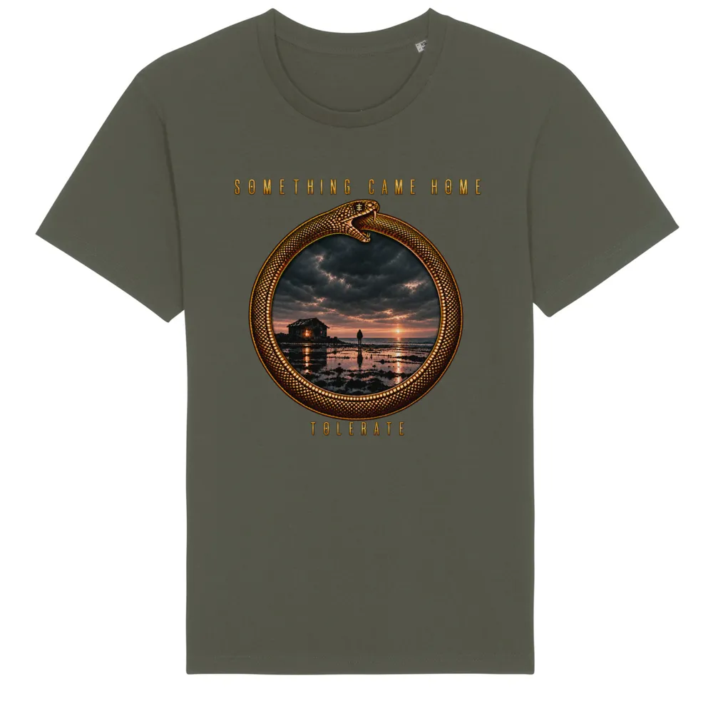 Color tee in Khaki, front view: gold ouroboros ring framing a stormy sunset over a tidal flat, with the band name above and TOLERATE below.