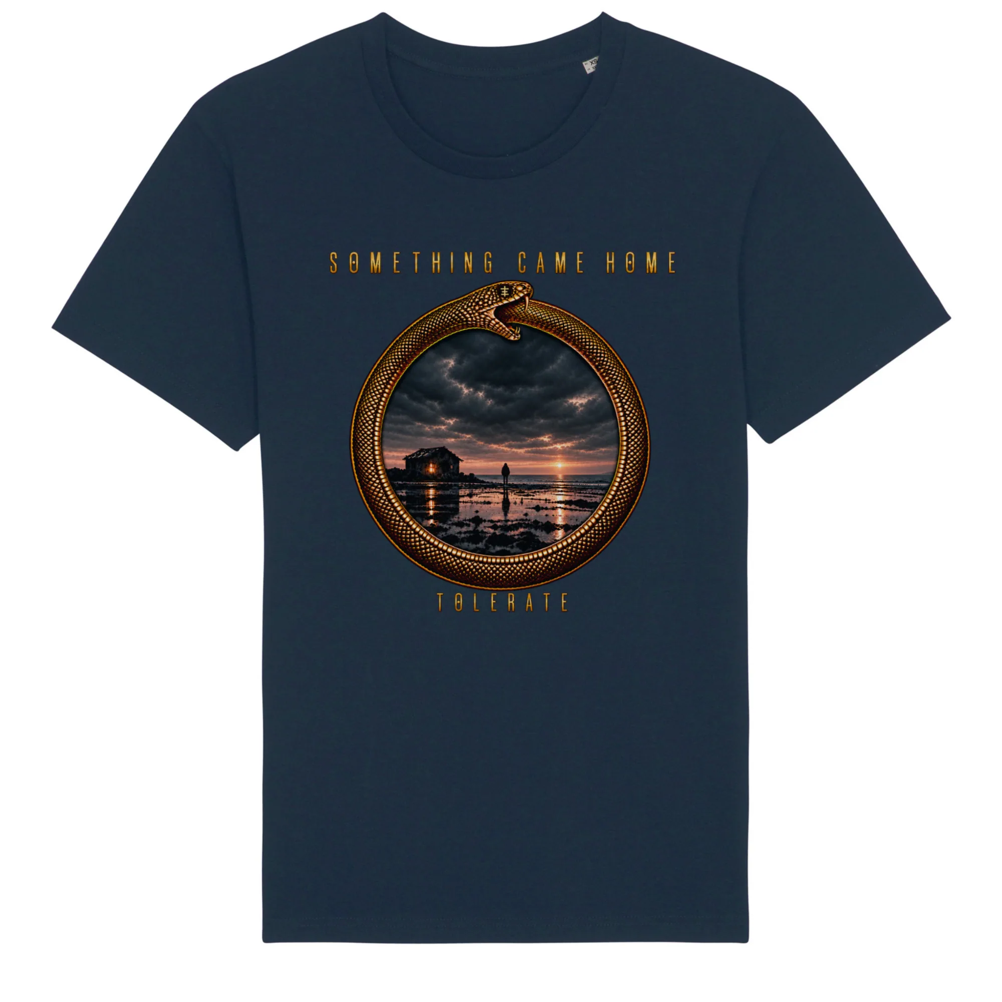 Color tee in Navy, front view: gold ouroboros ring framing a stormy sunset over a tidal flat, with the band name above and TOLERATE below.