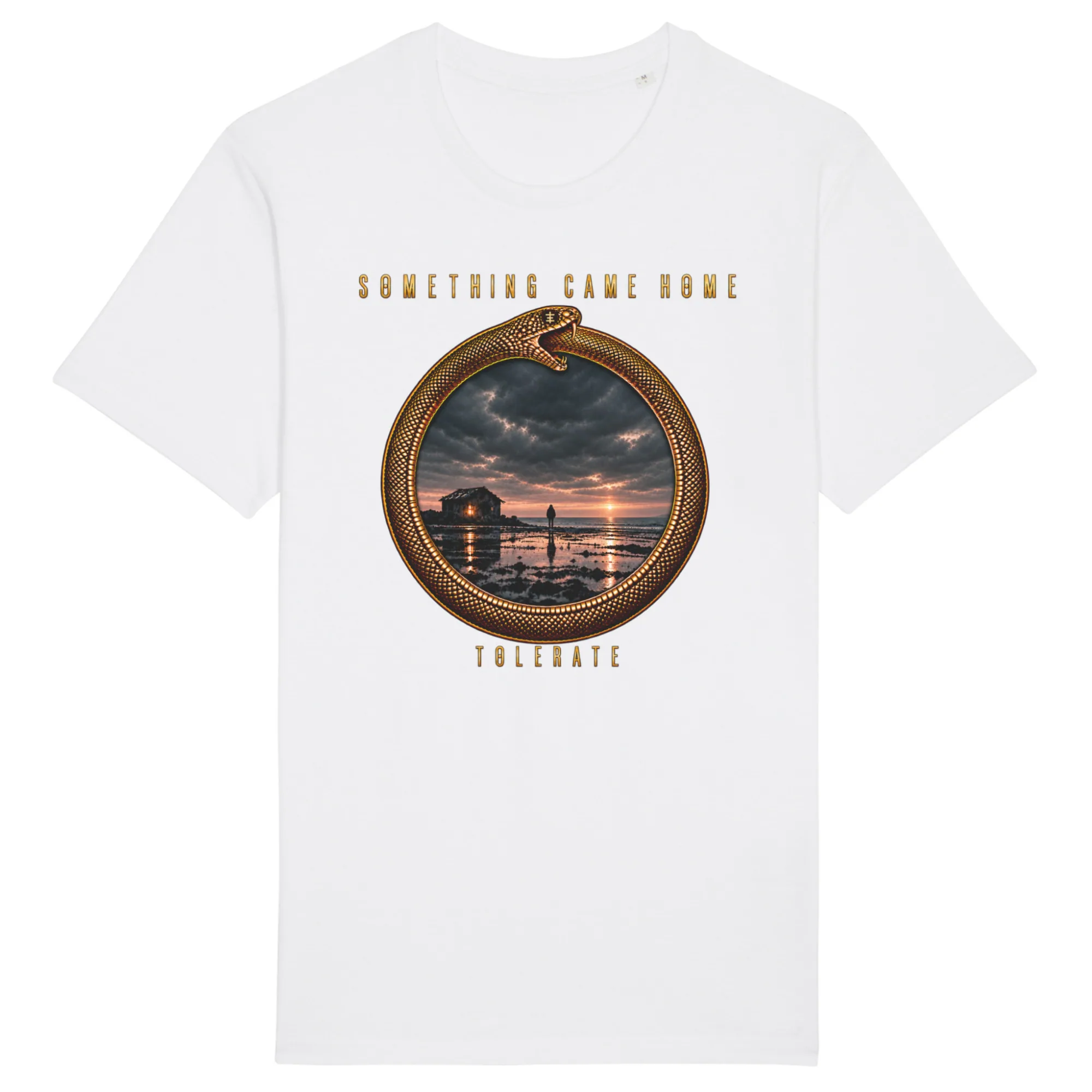 Color tee in White, front view: gold ouroboros ring framing a stormy sunset over a tidal flat, with the band name above and TOLERATE below.