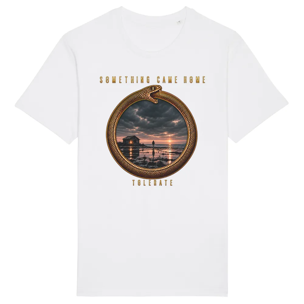 Color tee in White, front view: gold ouroboros ring framing a stormy sunset over a tidal flat, with the band name above and TOLERATE below.