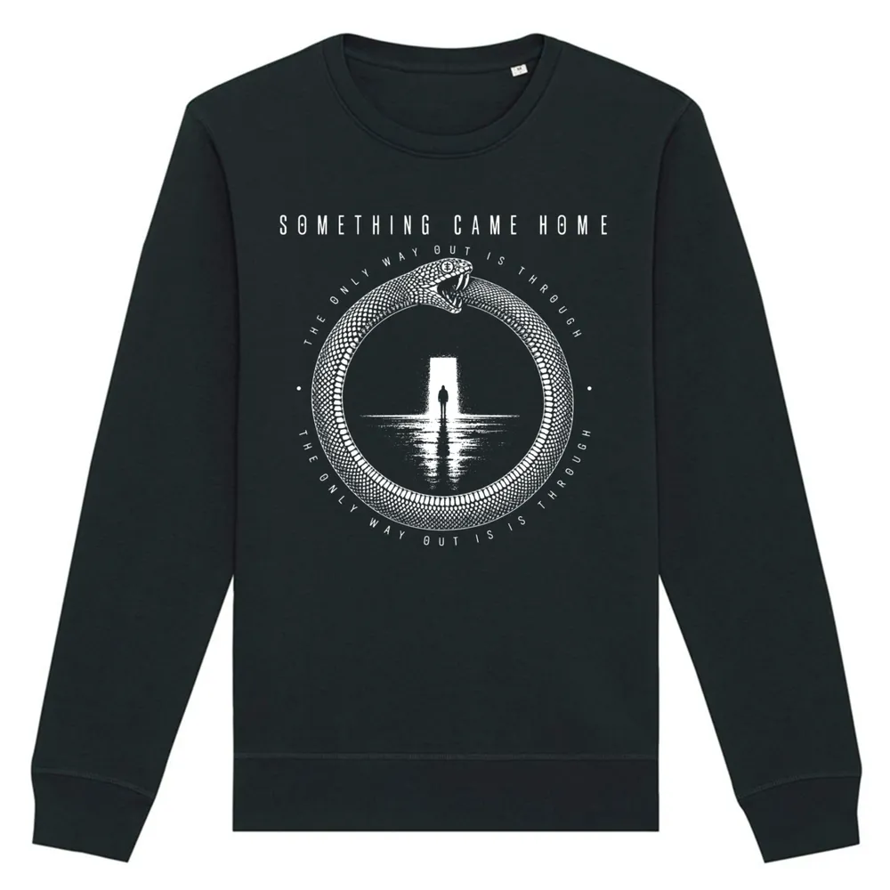 Crewneck sweatshirt in Black, front view: white ouroboros snake around a lone figure at a doorway, with the band name above.