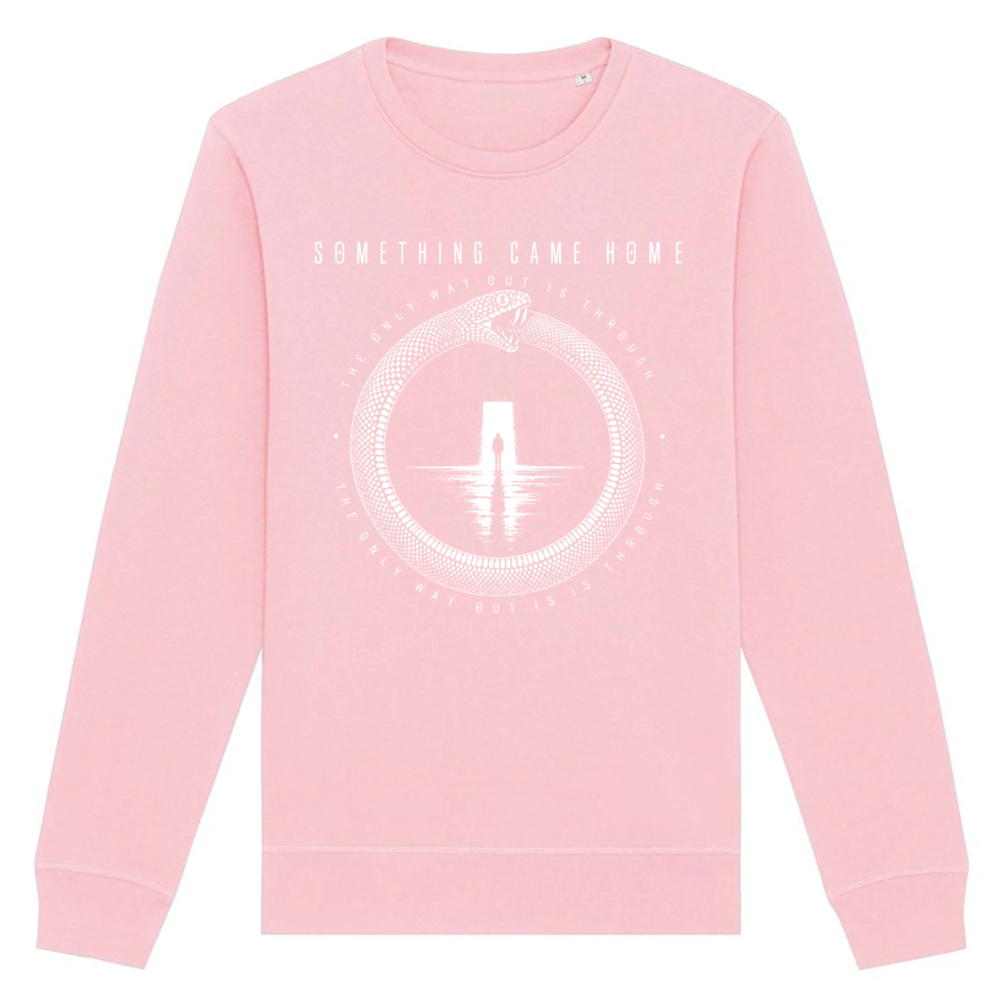Crewneck sweatshirt in Cotton Pink, front view: white ouroboros snake around a lone figure at a doorway, with the band name above.