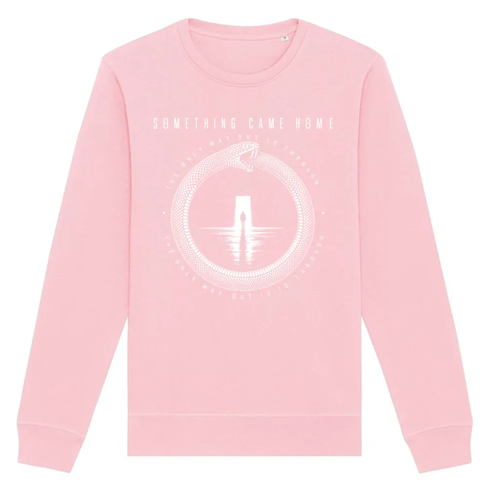 Crewneck sweatshirt in Cotton Pink, front view: white ouroboros snake around a lone figure at a doorway, with the band name above.