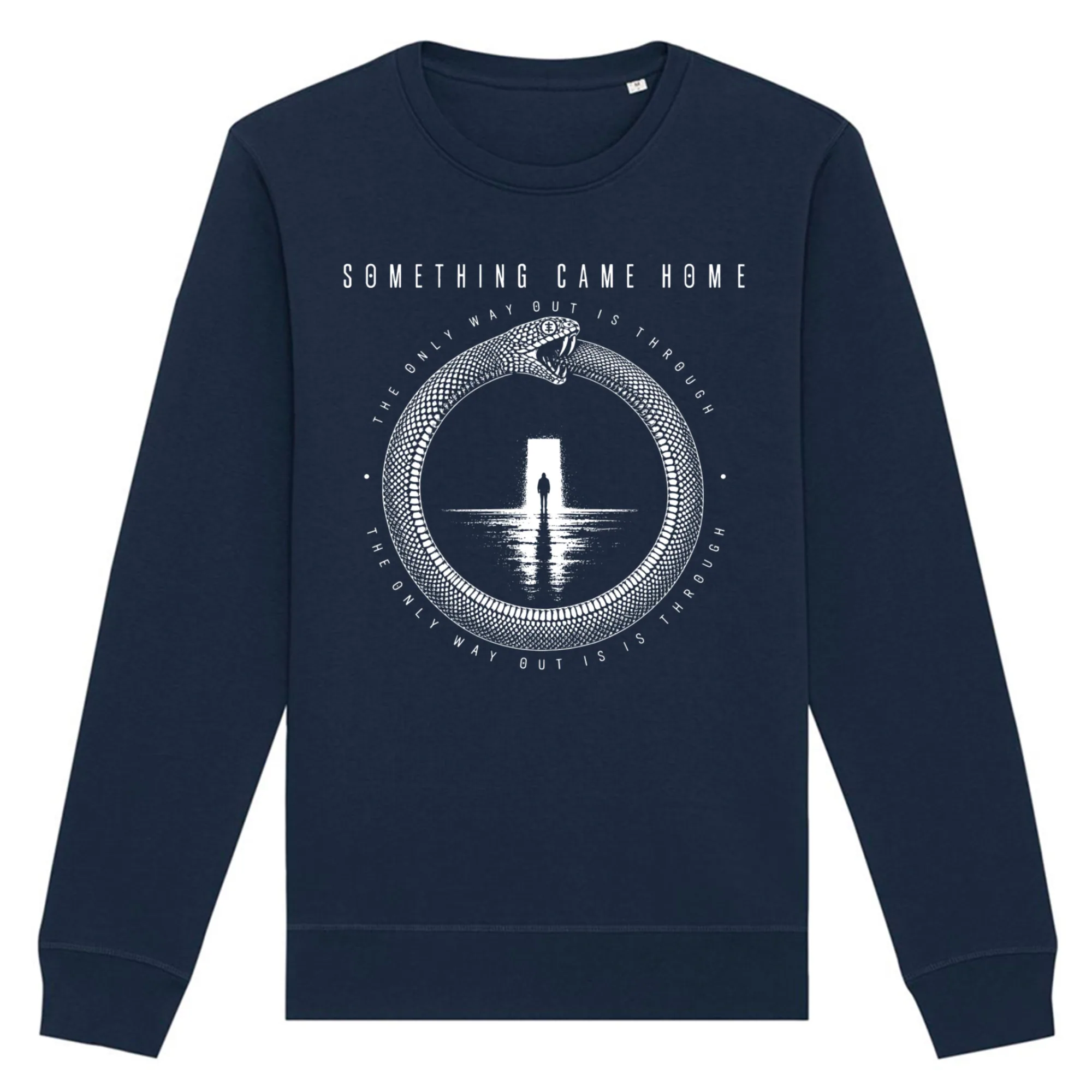 Crewneck sweatshirt in Navy, front view: white ouroboros snake around a lone figure at a doorway, with the band name above.