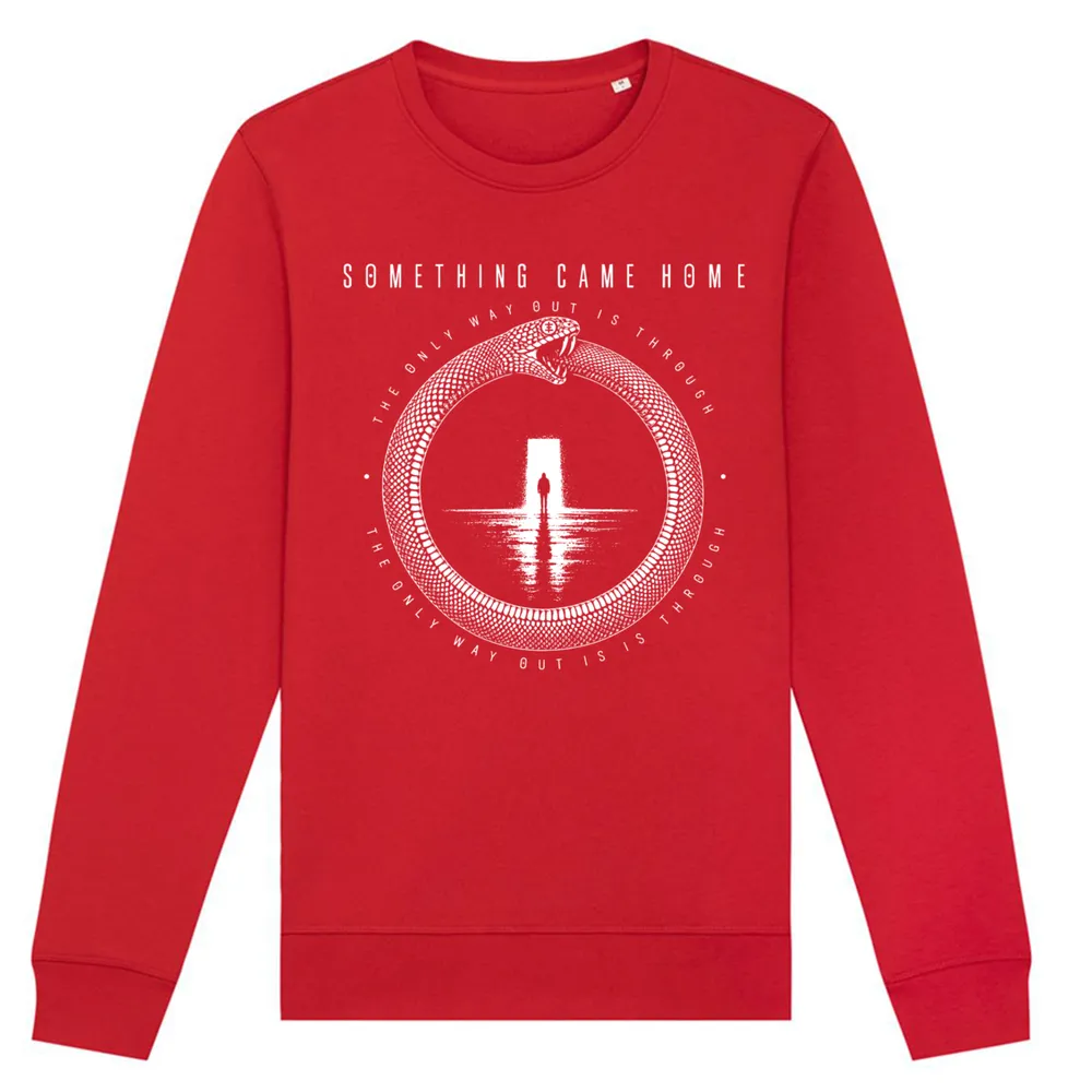 Crewneck sweatshirt in Red, front view: white ouroboros snake around a lone figure at a doorway, with the band name above.