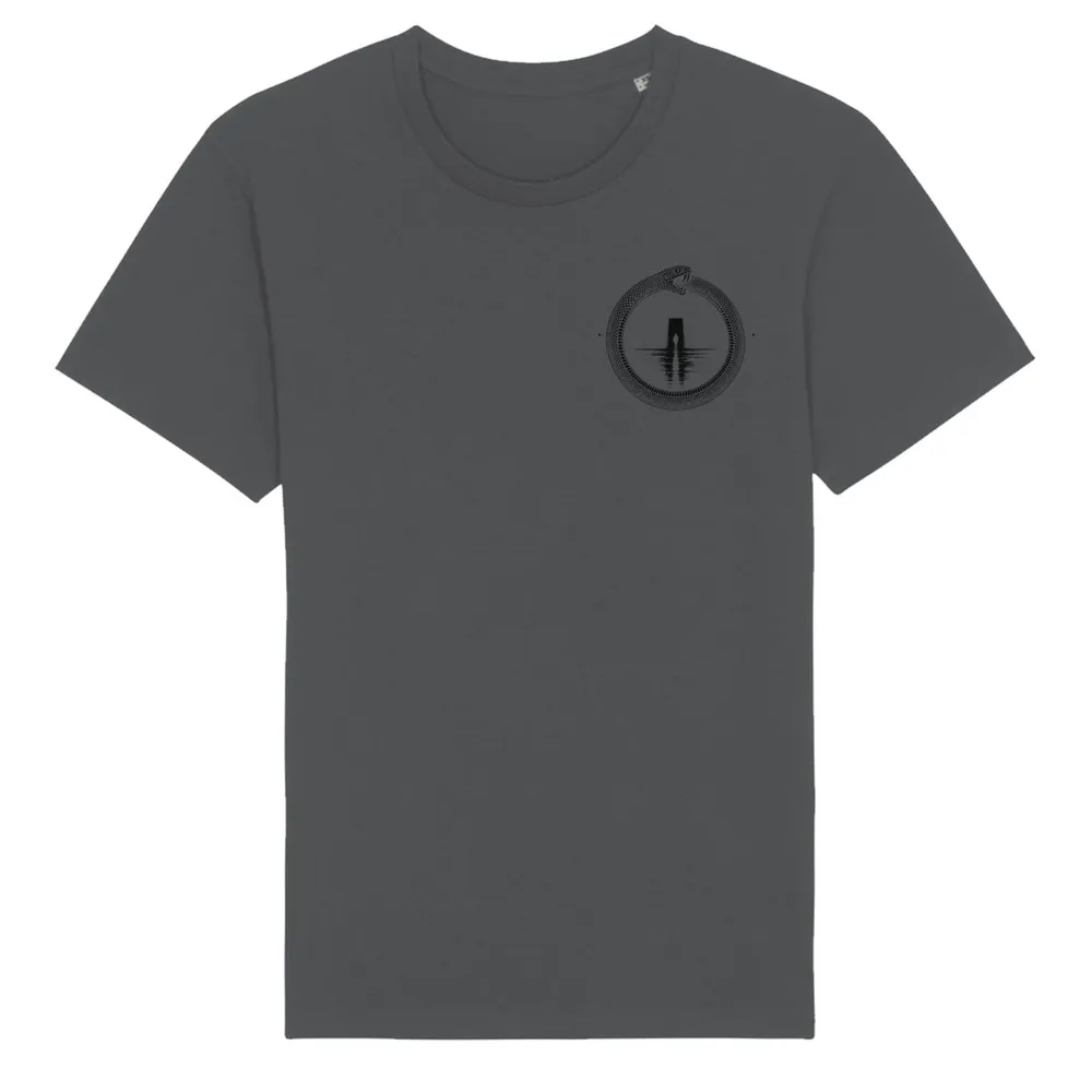 Double-sided tee in Anthracite, front view: small black ouroboros emblem on the front.