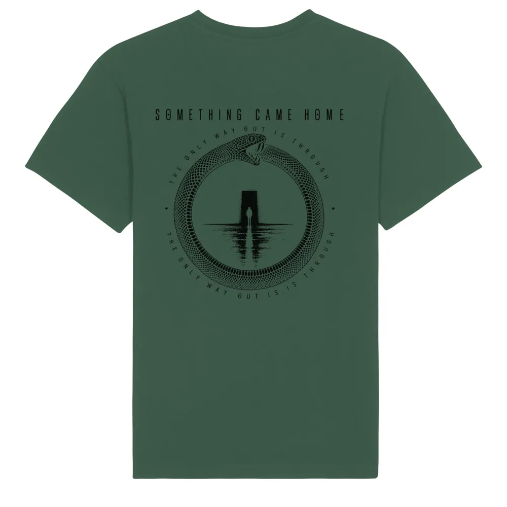 Double-sided tee in Bottle Green, back view: full black ouroboros design on the back, a snake circling a lone figure at a doorway.