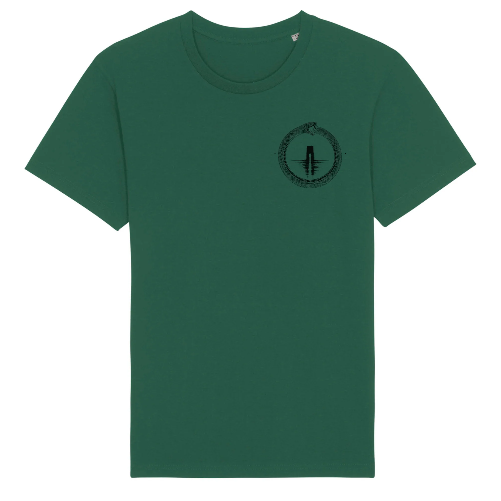 Double-sided tee in Bottle Green, front view: small black ouroboros emblem on the front.