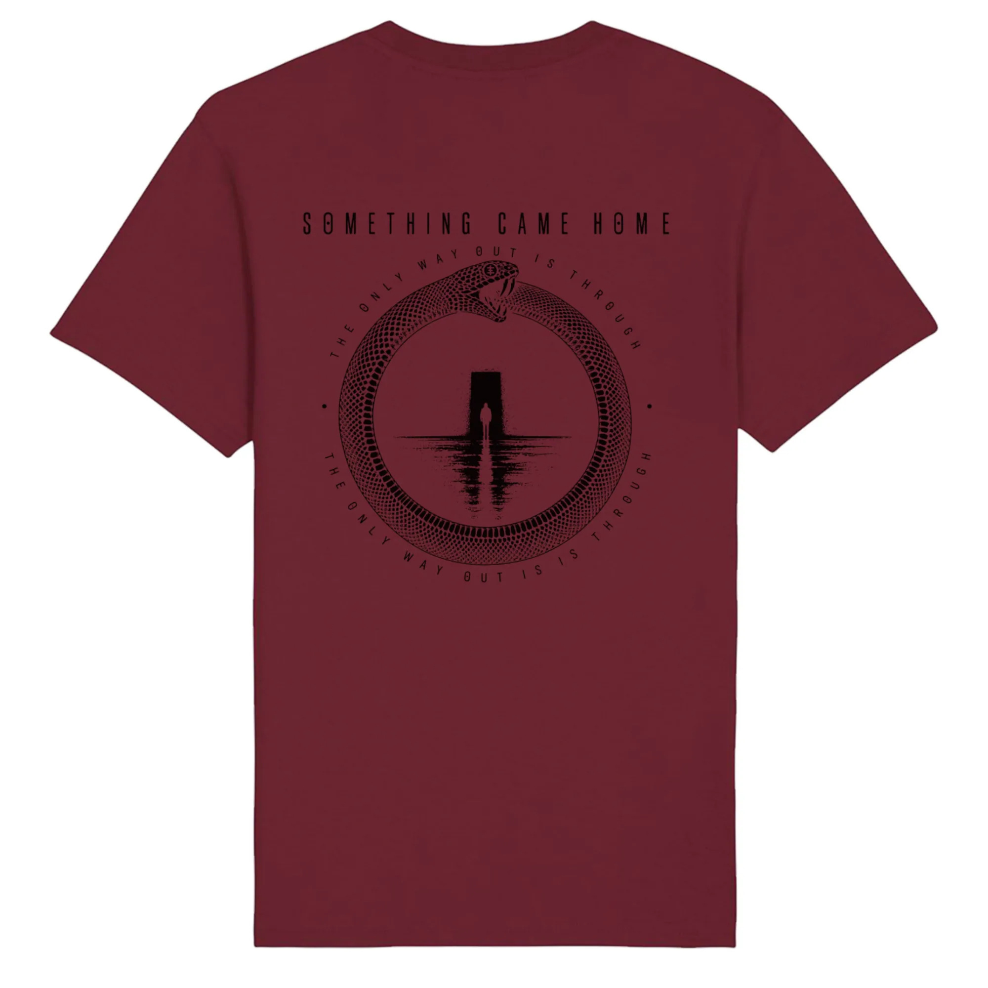 Double-sided tee in Burgundy, back view: full black ouroboros design on the back, a snake circling a lone figure at a doorway.