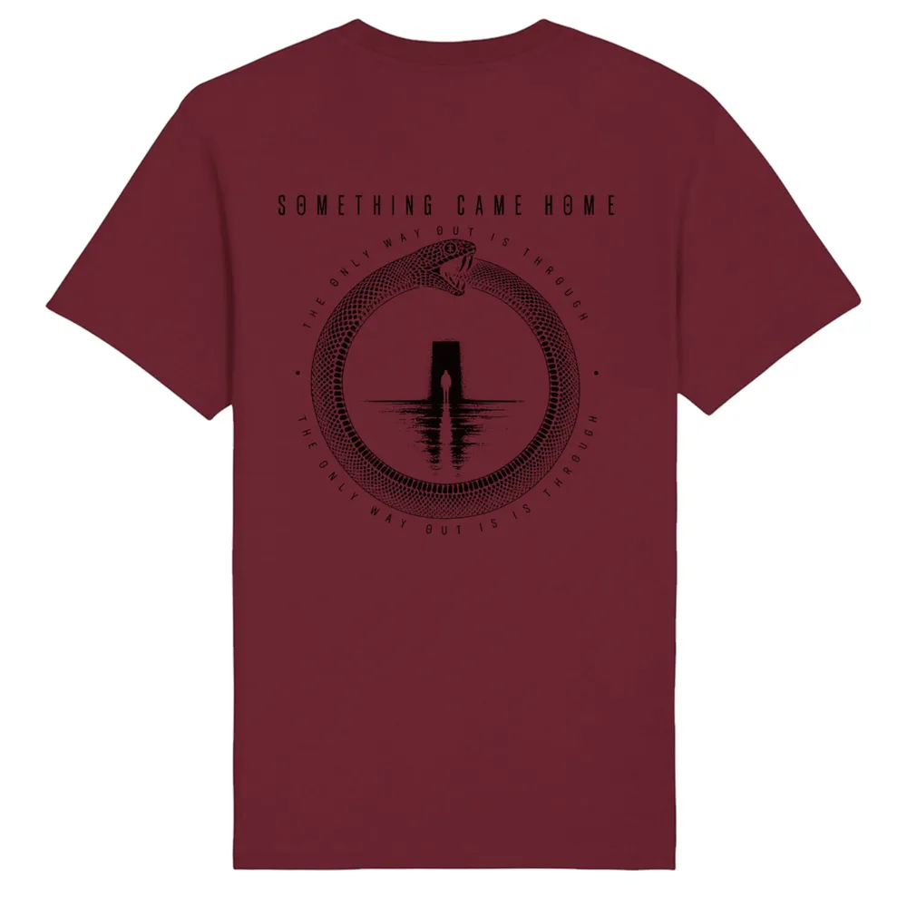 Double-sided tee in Burgundy, back view: full black ouroboros design on the back, a snake circling a lone figure at a doorway.