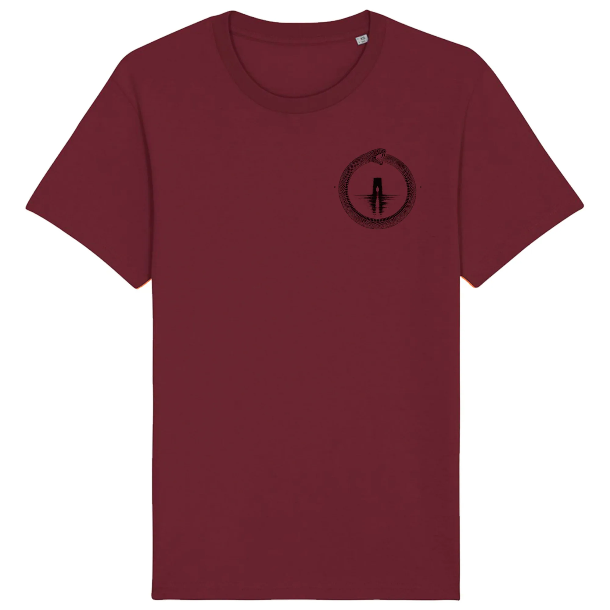 Double-sided tee in Burgundy, front view: small black ouroboros emblem on the front.