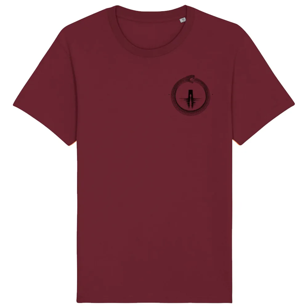 Double-sided tee in Burgundy, front view: small black ouroboros emblem on the front.