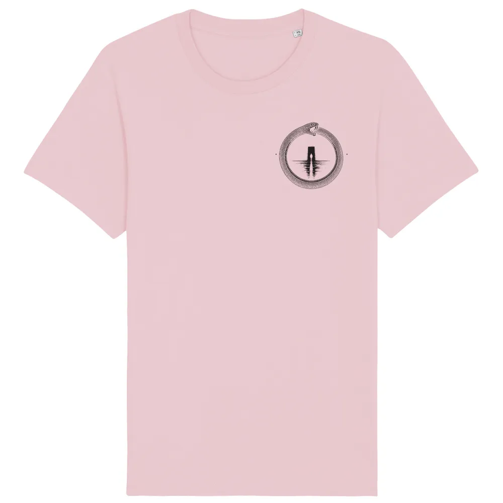 Double-sided tee in Cotton Pink, front view: small black ouroboros emblem on the front.