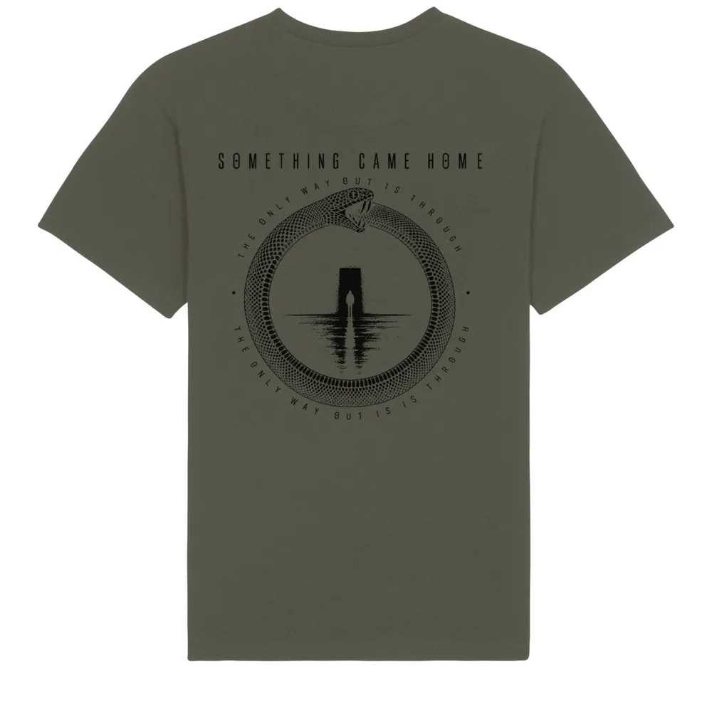Double-sided tee in Khaki, back view: full black ouroboros design on the back, a snake circling a lone figure at a doorway.