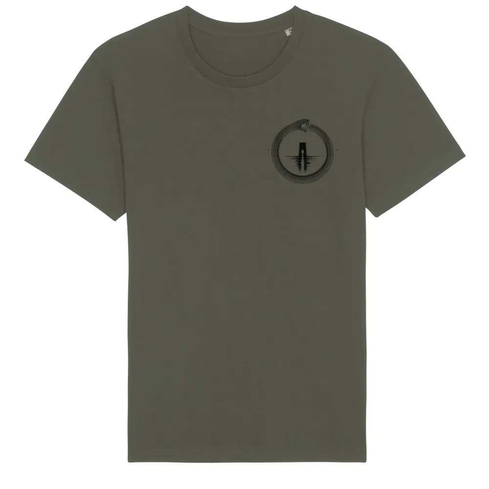 Double-sided tee in Khaki, front view: small black ouroboros emblem on the front.