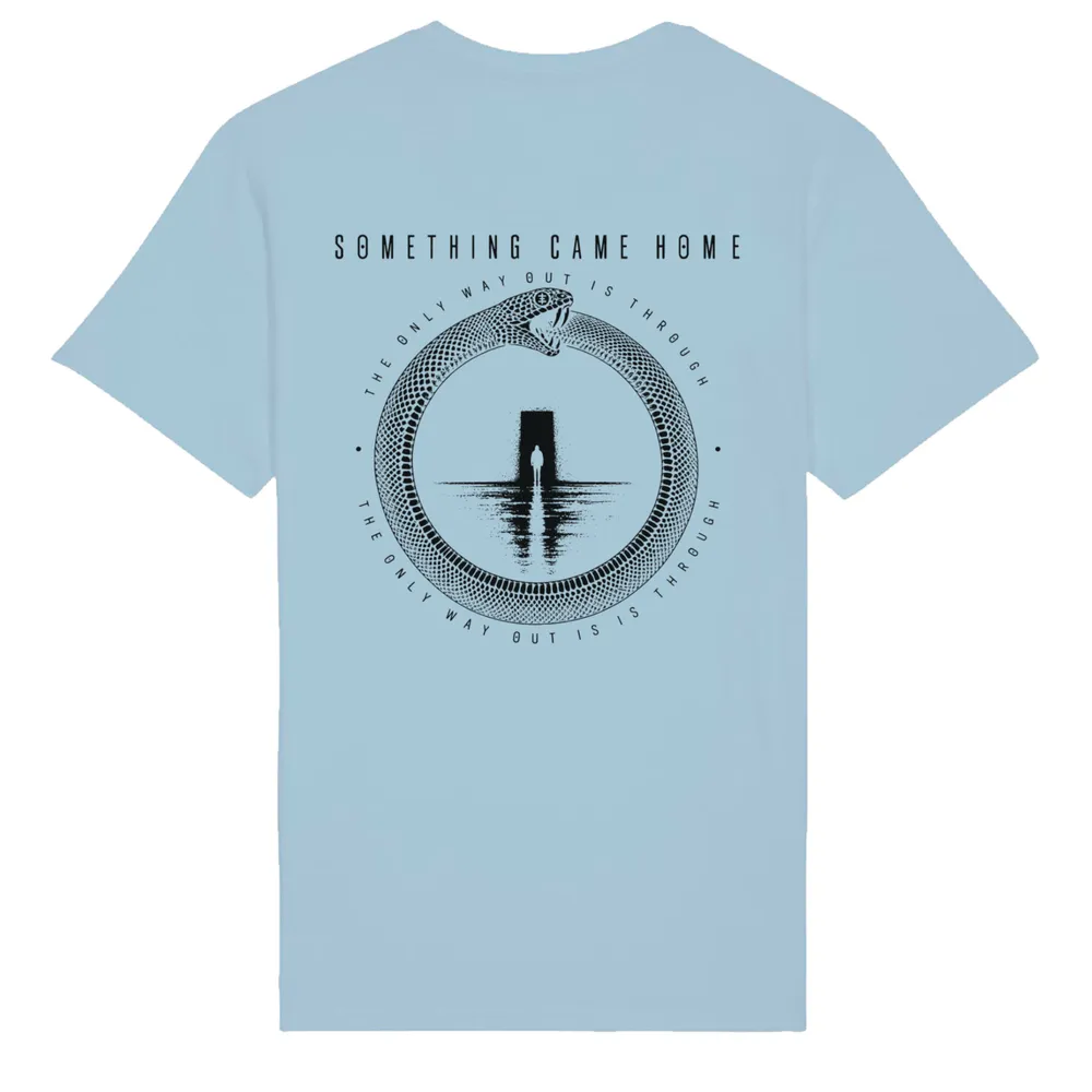 Double-sided tee in Sky Blue, back view: full black ouroboros design on the back, a snake circling a lone figure at a doorway.