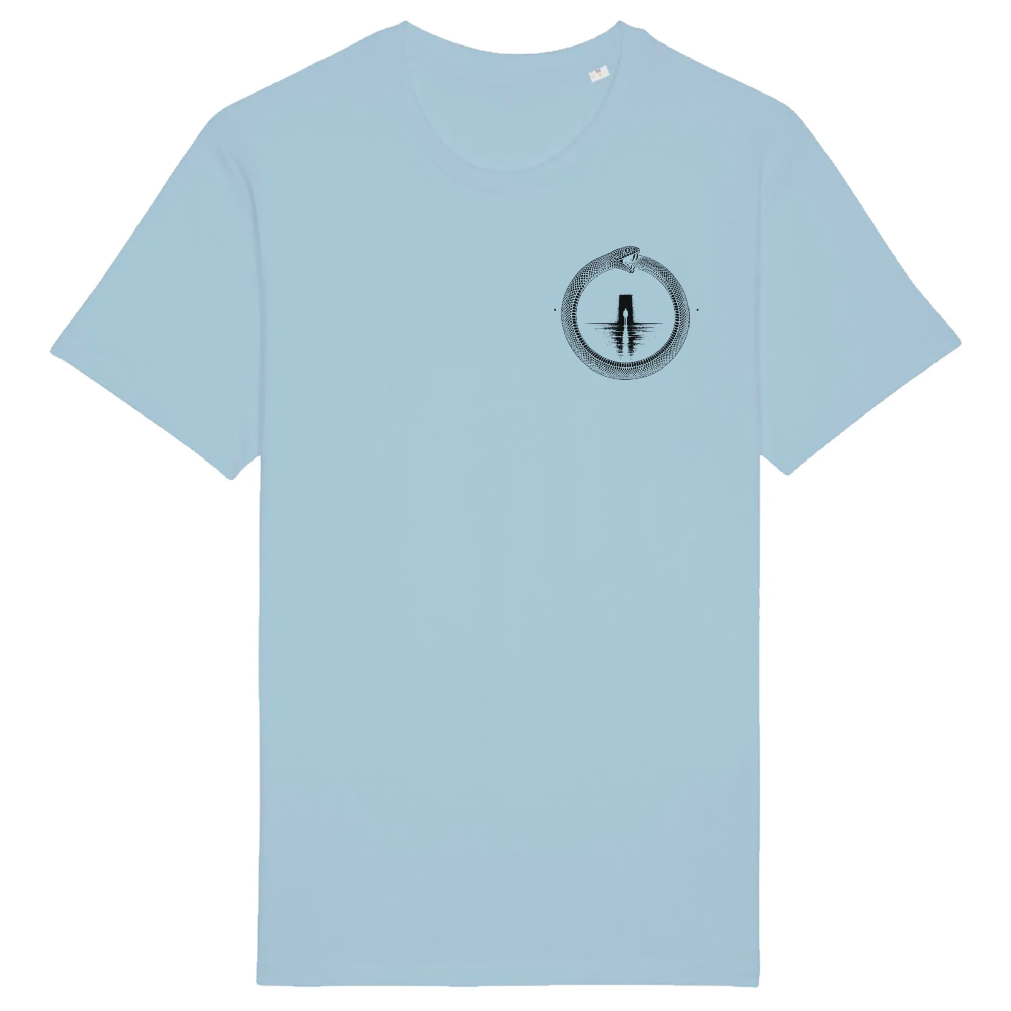 Double-sided tee in Sky Blue, front view: small black ouroboros emblem on the front.