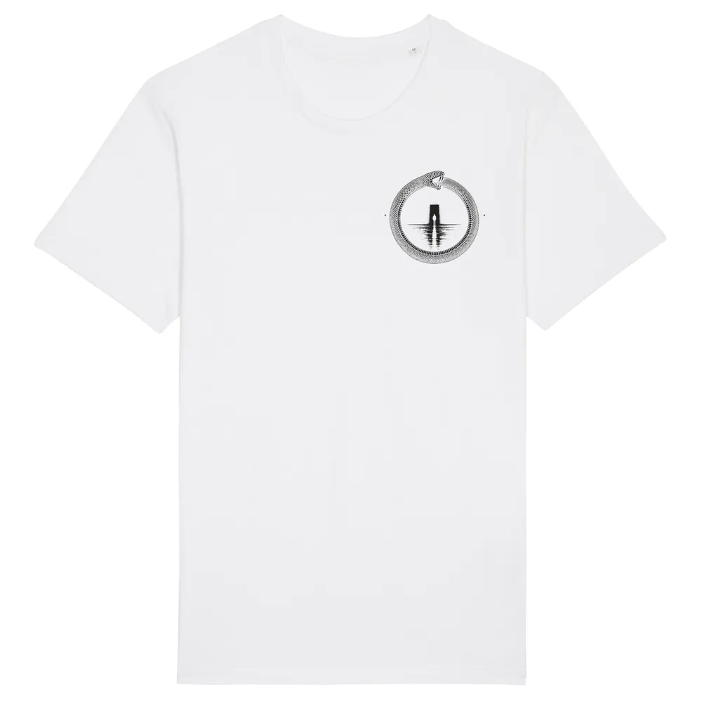 Double-sided tee in White, front view: small black ouroboros emblem on the front.
