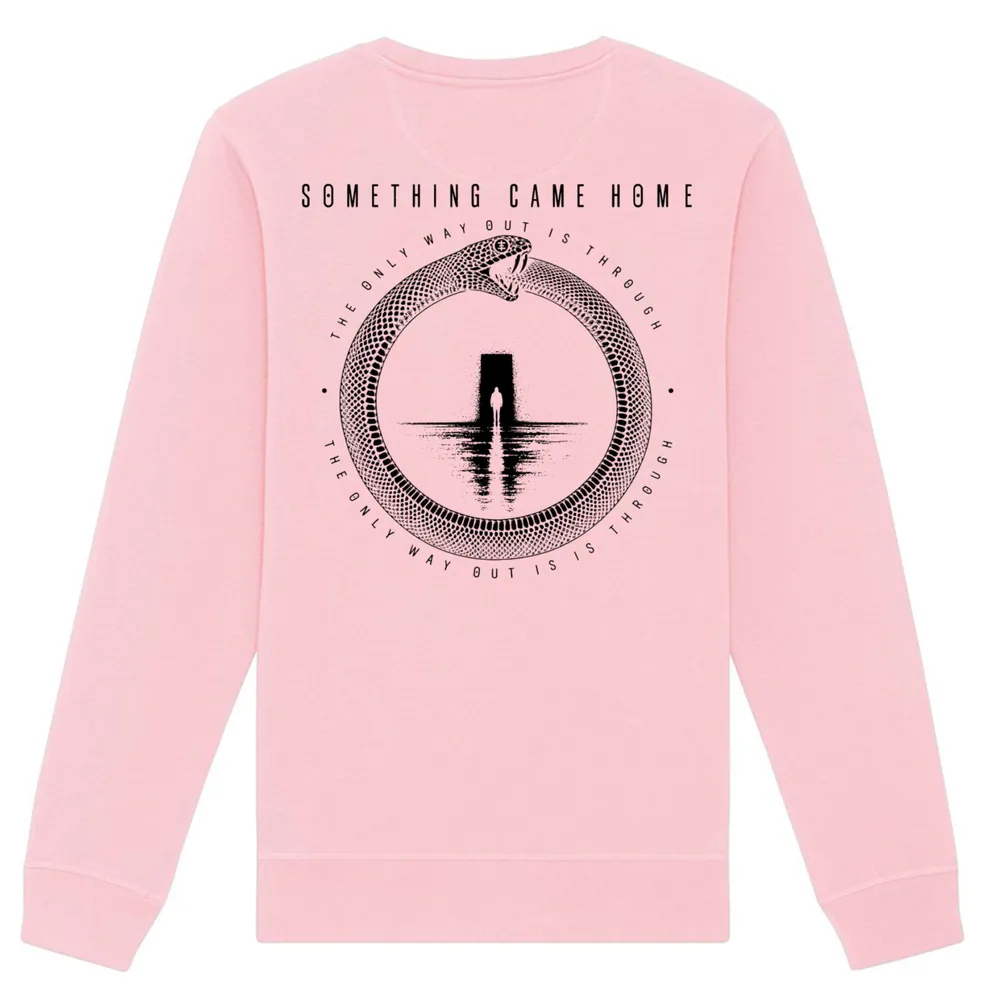 Double-sided crewneck in Cotton Pink, back view: full black ouroboros design on the back, a snake circling a lone figure at a doorway.