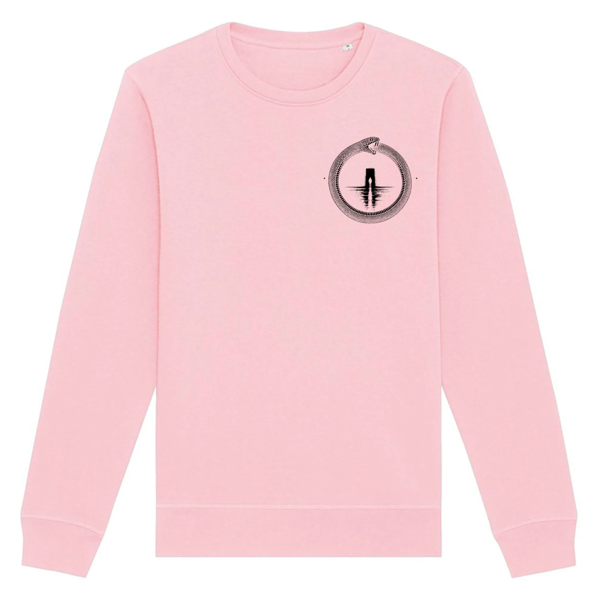 Double-sided crewneck in Cotton Pink, front view: small black ouroboros emblem on the front.