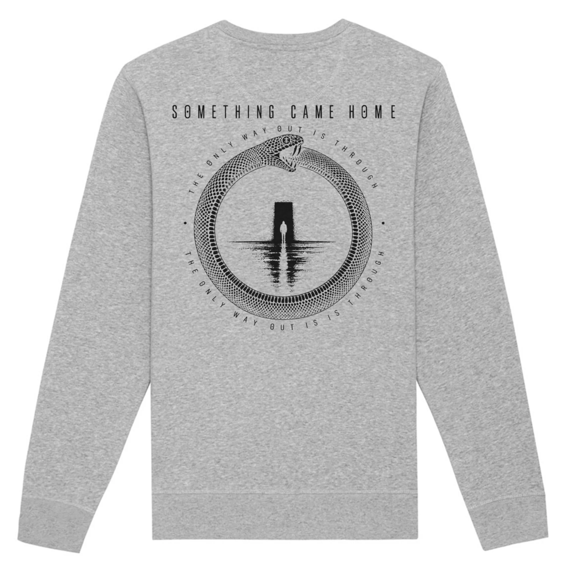 Double-sided crewneck in Heather Grey, back view: full black ouroboros design on the back, a snake circling a lone figure at a doorway.