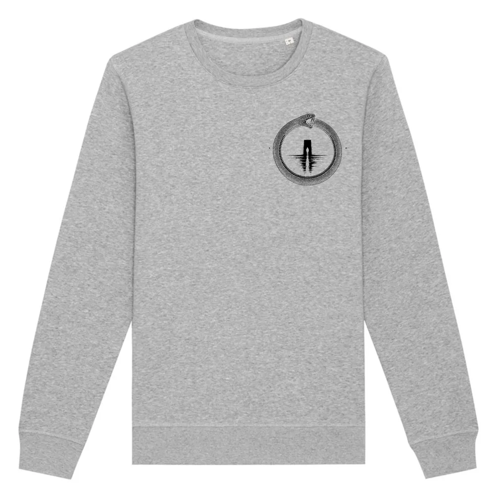 Double-sided crewneck in Heather Grey, front view: small black ouroboros emblem on the front.