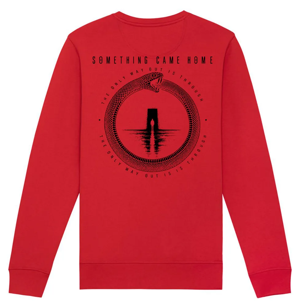 Double-sided crewneck in Red, back view: full black ouroboros design on the back, a snake circling a lone figure at a doorway.