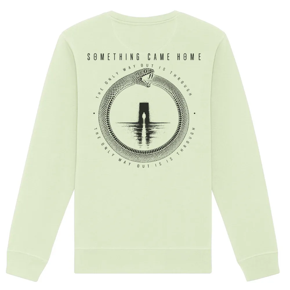 Double-sided crewneck in Stem Green, back view: full black ouroboros design on the back, a snake circling a lone figure at a doorway.