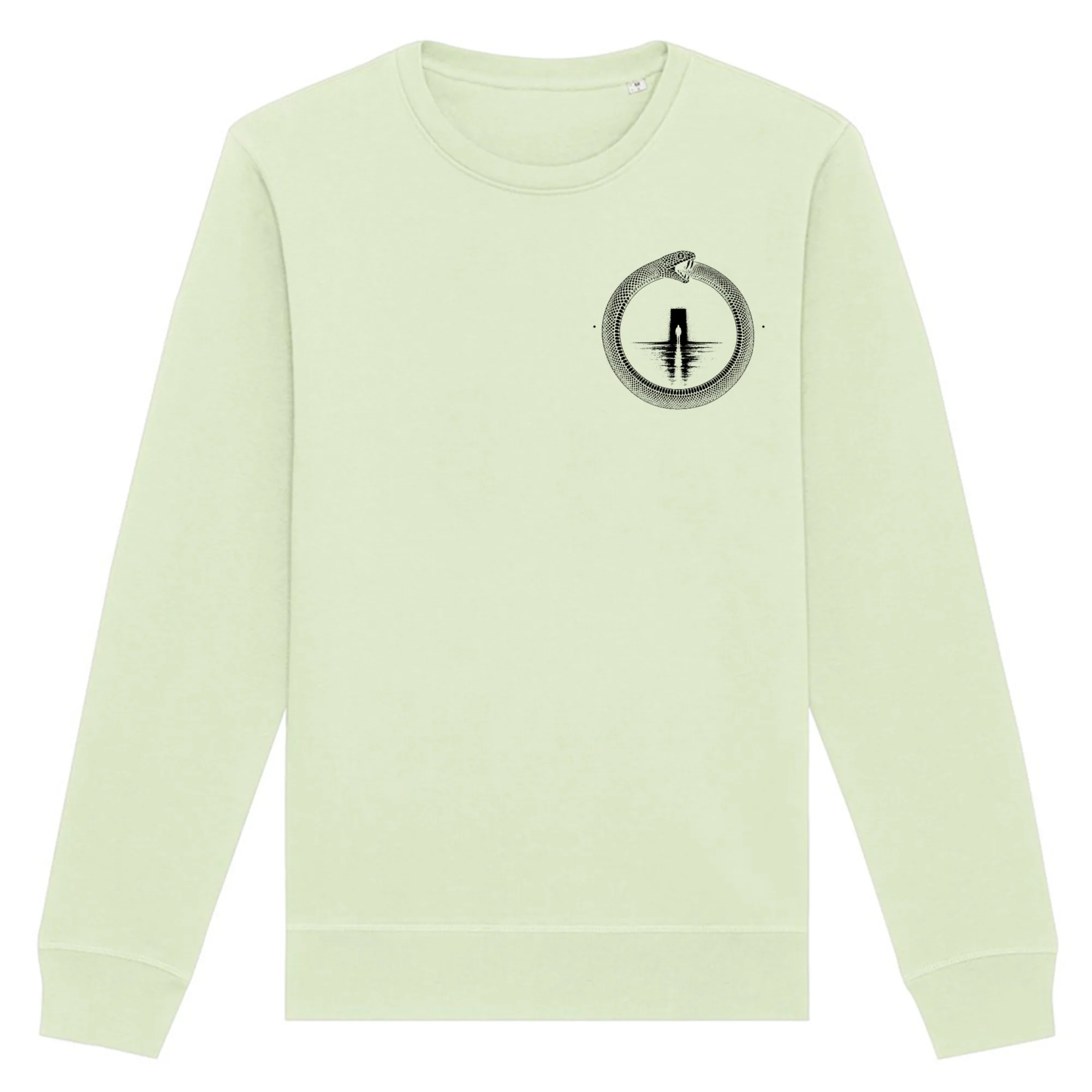 Double-sided crewneck in Stem Green, front view: small black ouroboros emblem on the front.