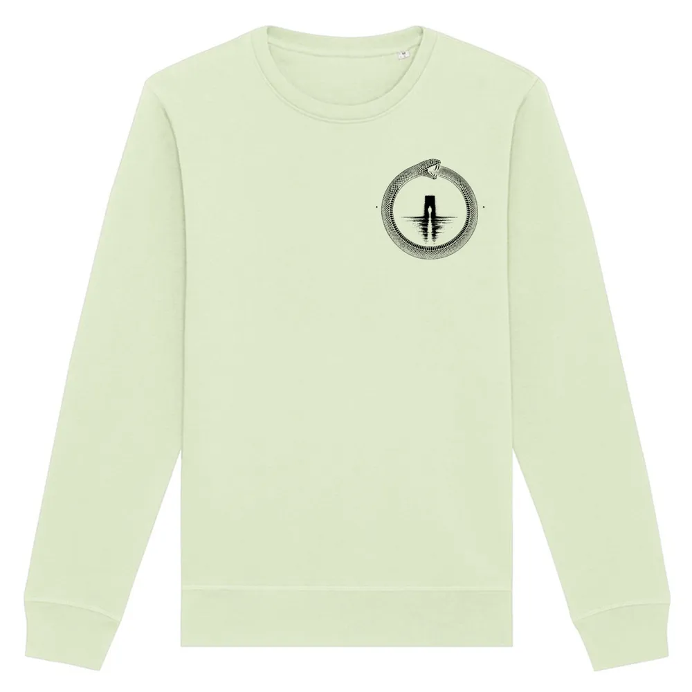 Double-sided crewneck in Stem Green, front view: small black ouroboros emblem on the front.