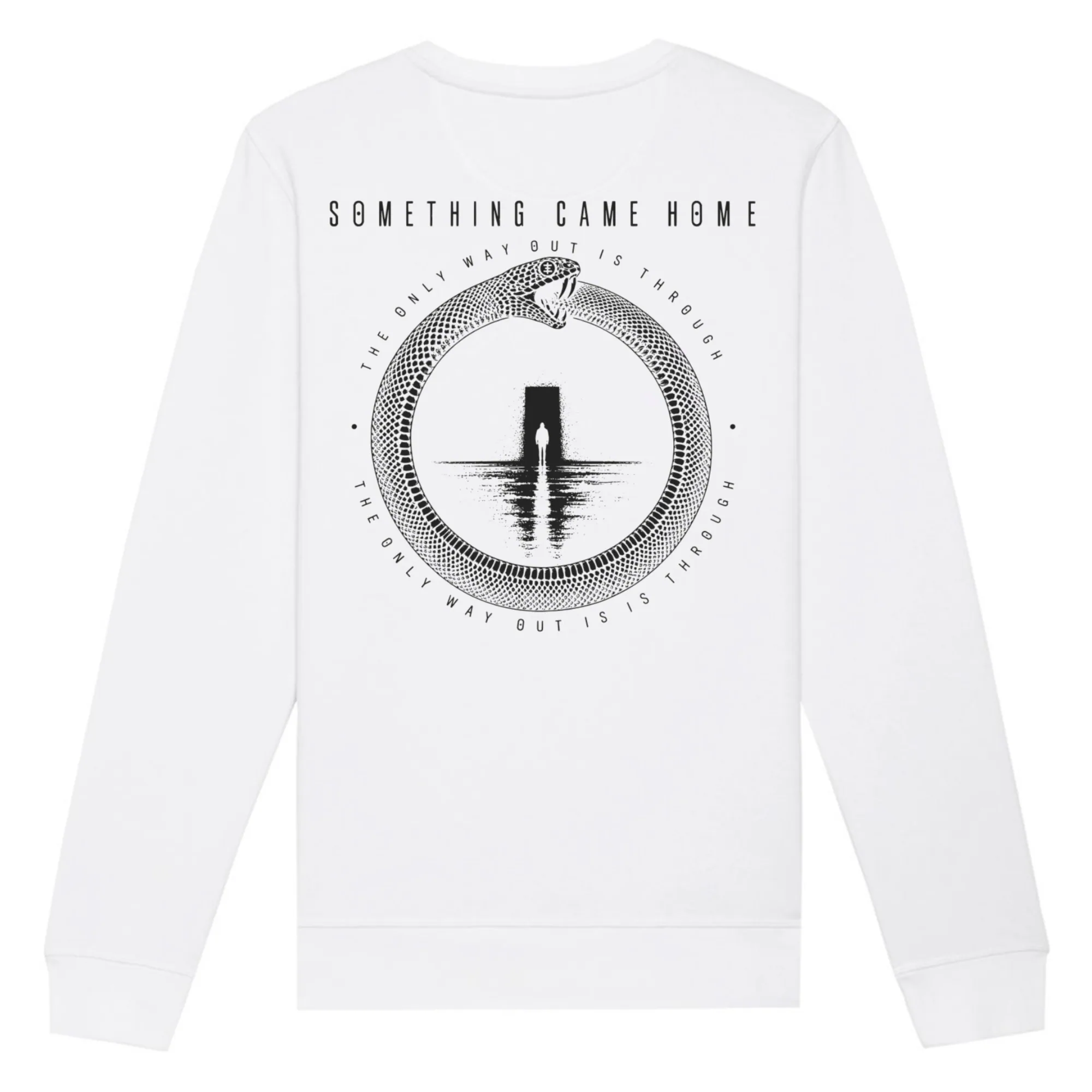 Double-sided crewneck in White, back view: full black ouroboros design on the back, a snake circling a lone figure at a doorway.