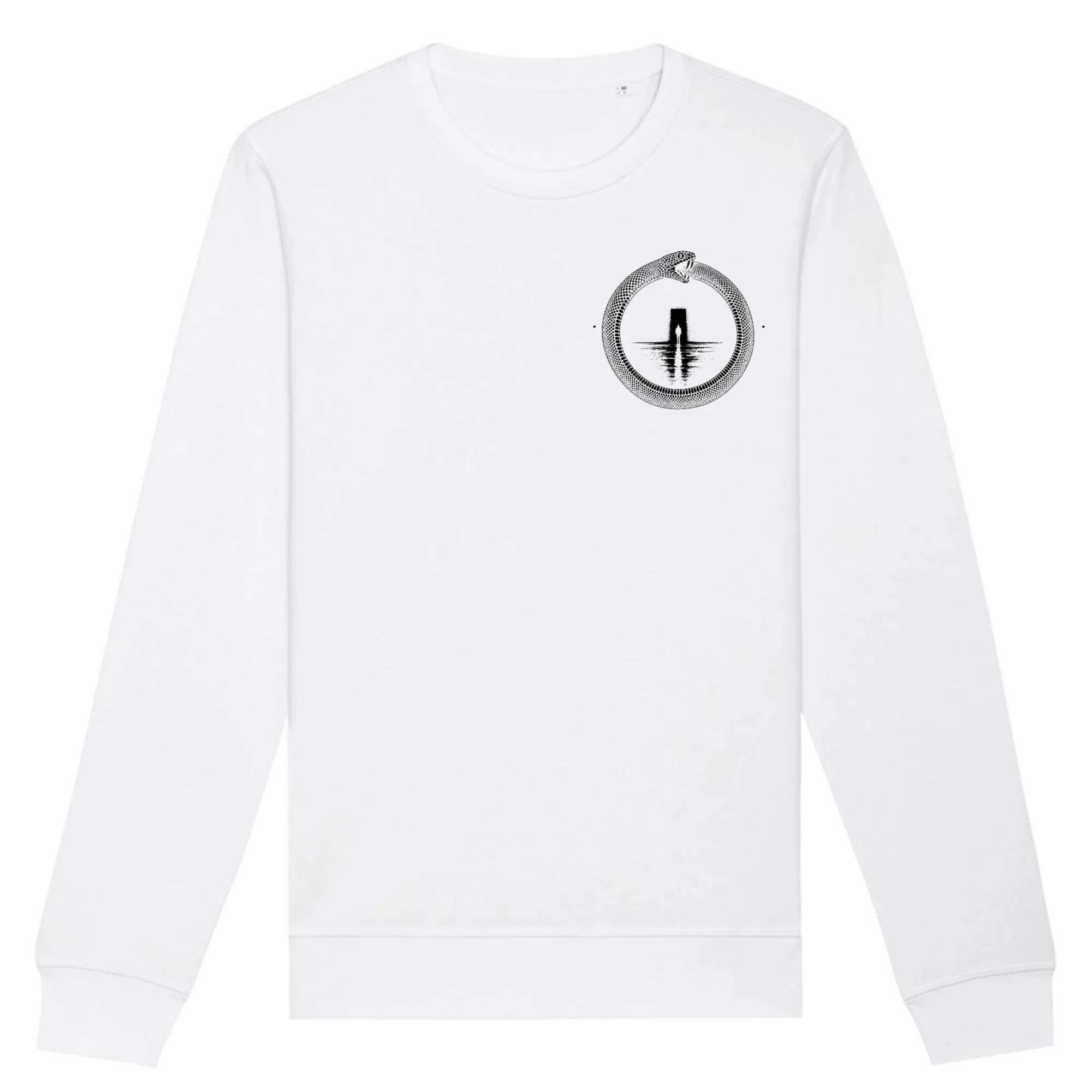Double-sided crewneck in White, front view: small black ouroboros emblem on the front.