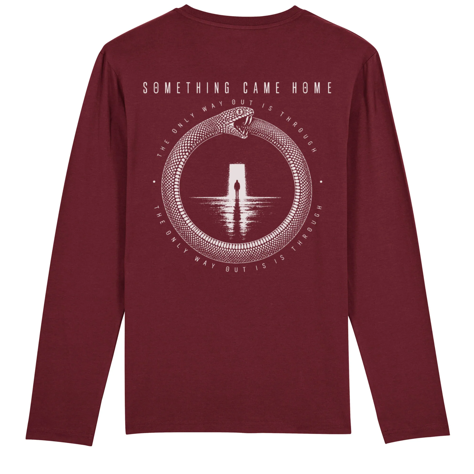 Long sleeve tee in Burgundy, back view: full ouroboros design on the back, a snake circling a lone figure at a doorway.