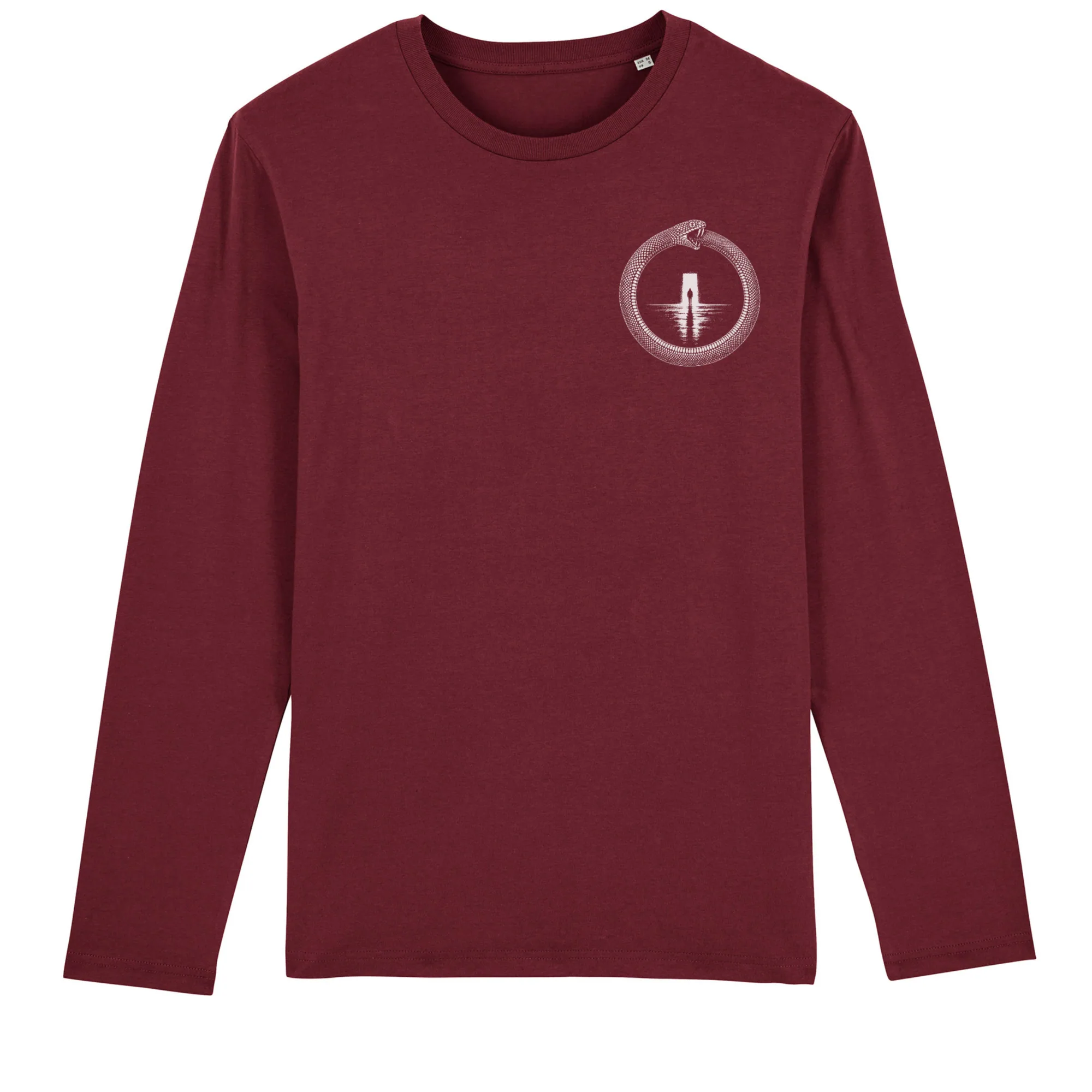Long sleeve tee in Burgundy, front view: small ouroboros emblem on the front.