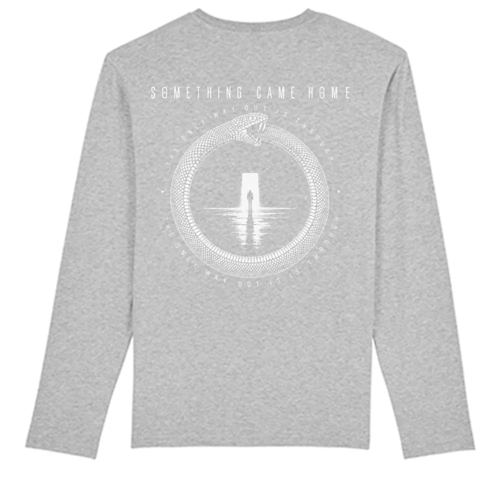 Long sleeve tee in Heather Grey, back view: full ouroboros design on the back, a snake circling a lone figure at a doorway.