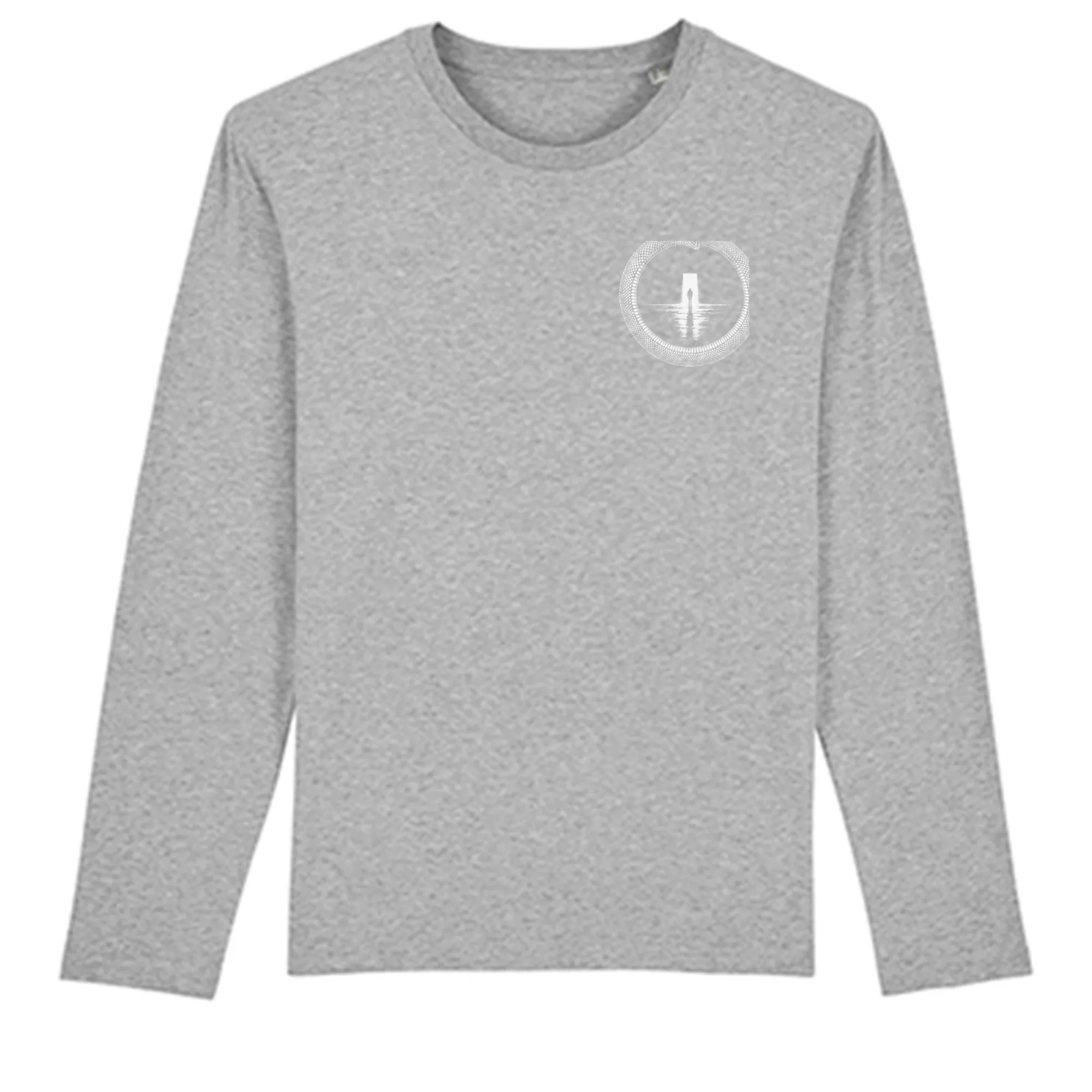 Long sleeve tee in Heather Grey, front view: small ouroboros emblem on the front.