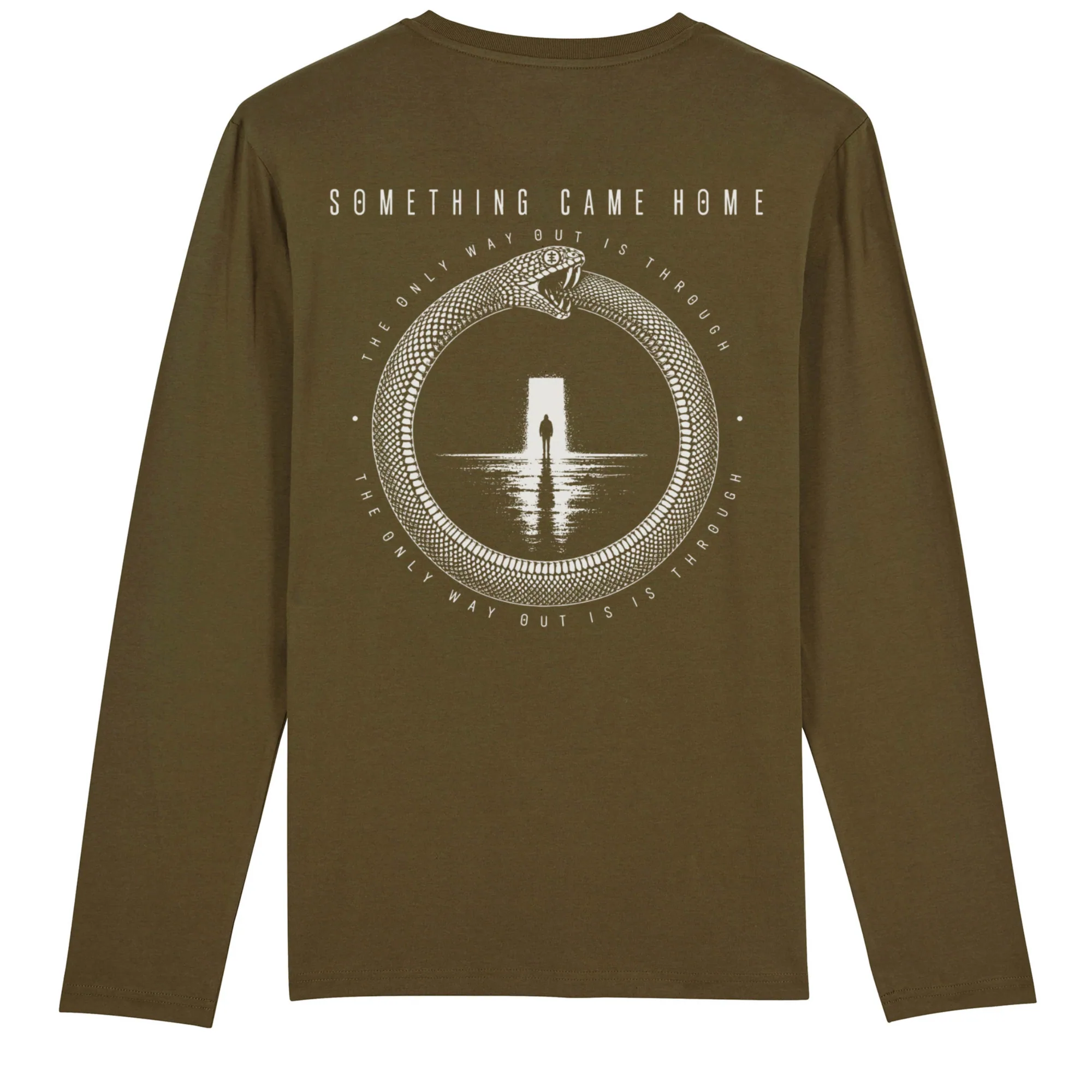 Long sleeve tee in Khaki, back view: full ouroboros design on the back, a snake circling a lone figure at a doorway.