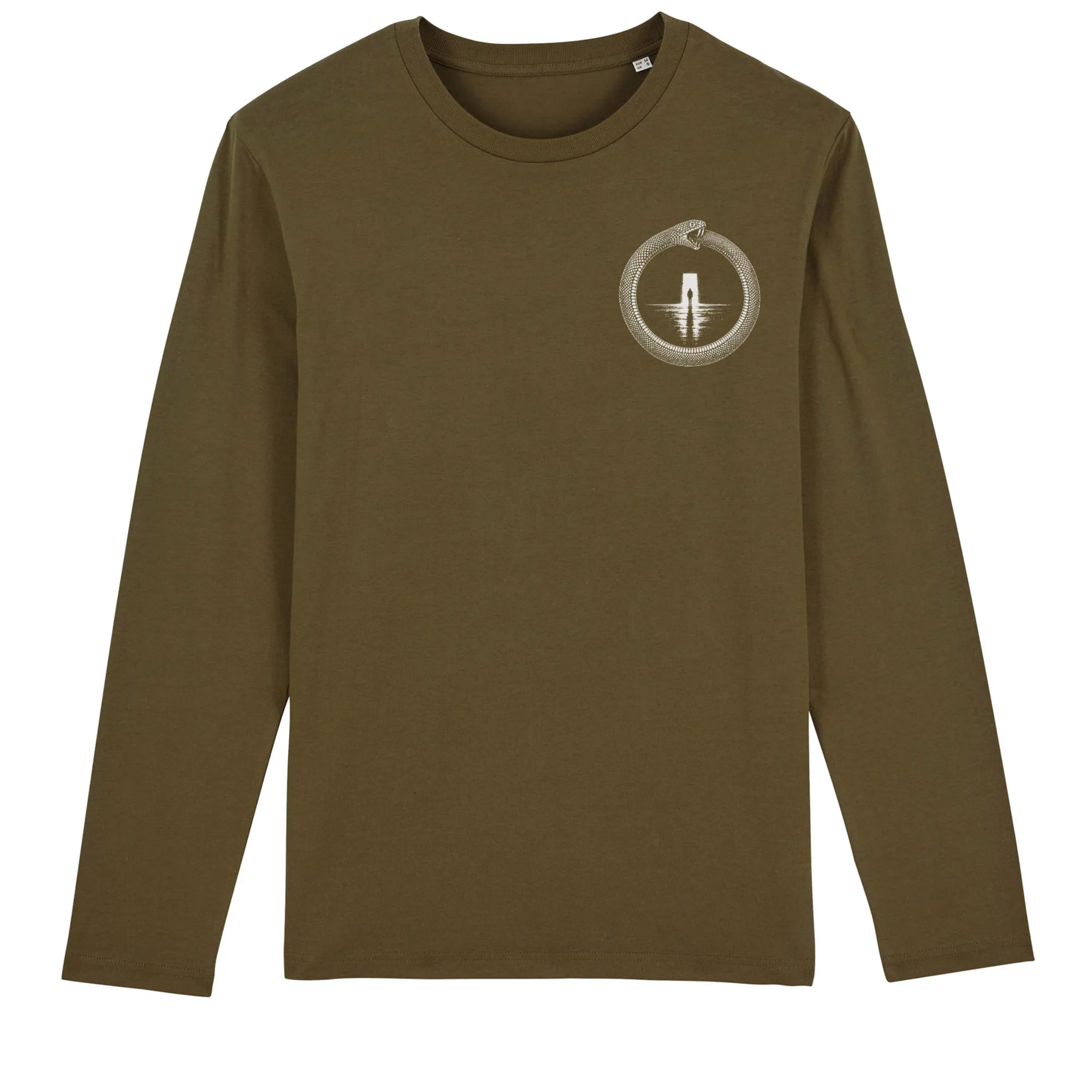 Long sleeve tee in Khaki, front view: small ouroboros emblem on the front.