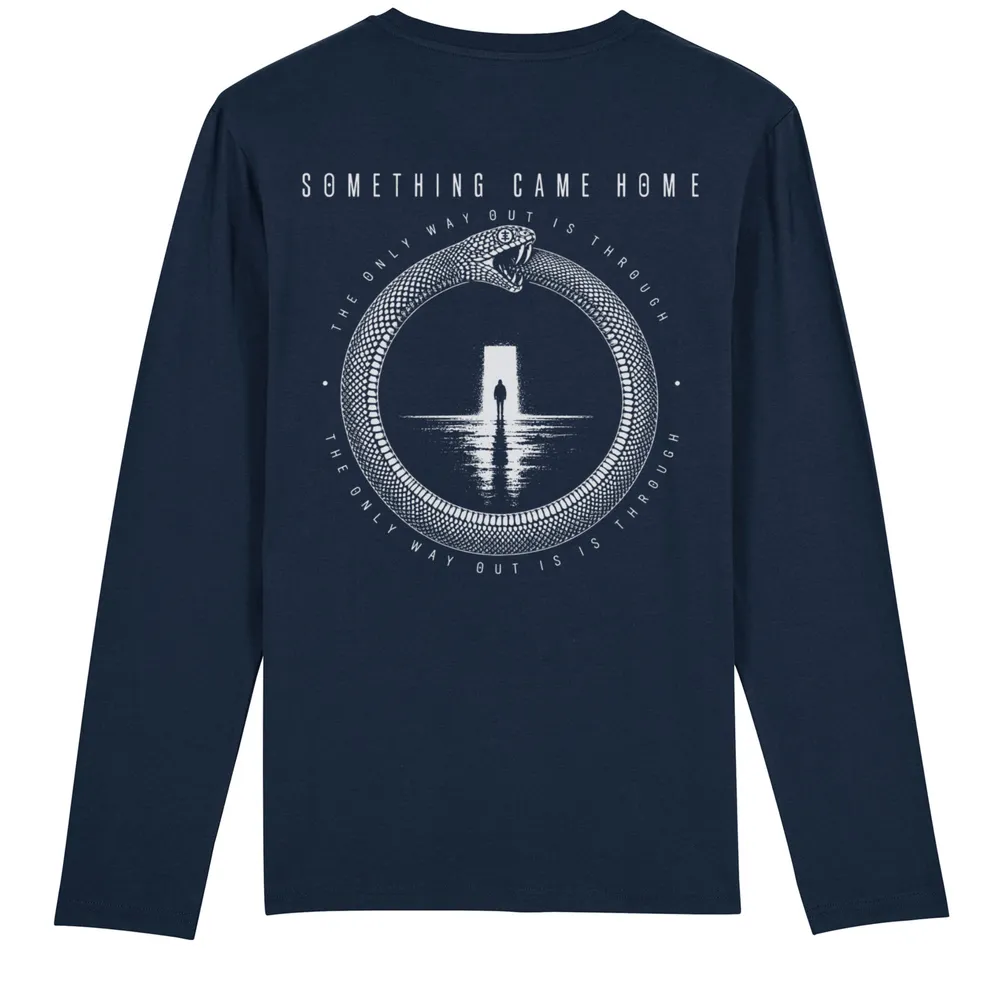 Long sleeve tee in Navy, back view: full ouroboros design on the back, a snake circling a lone figure at a doorway.