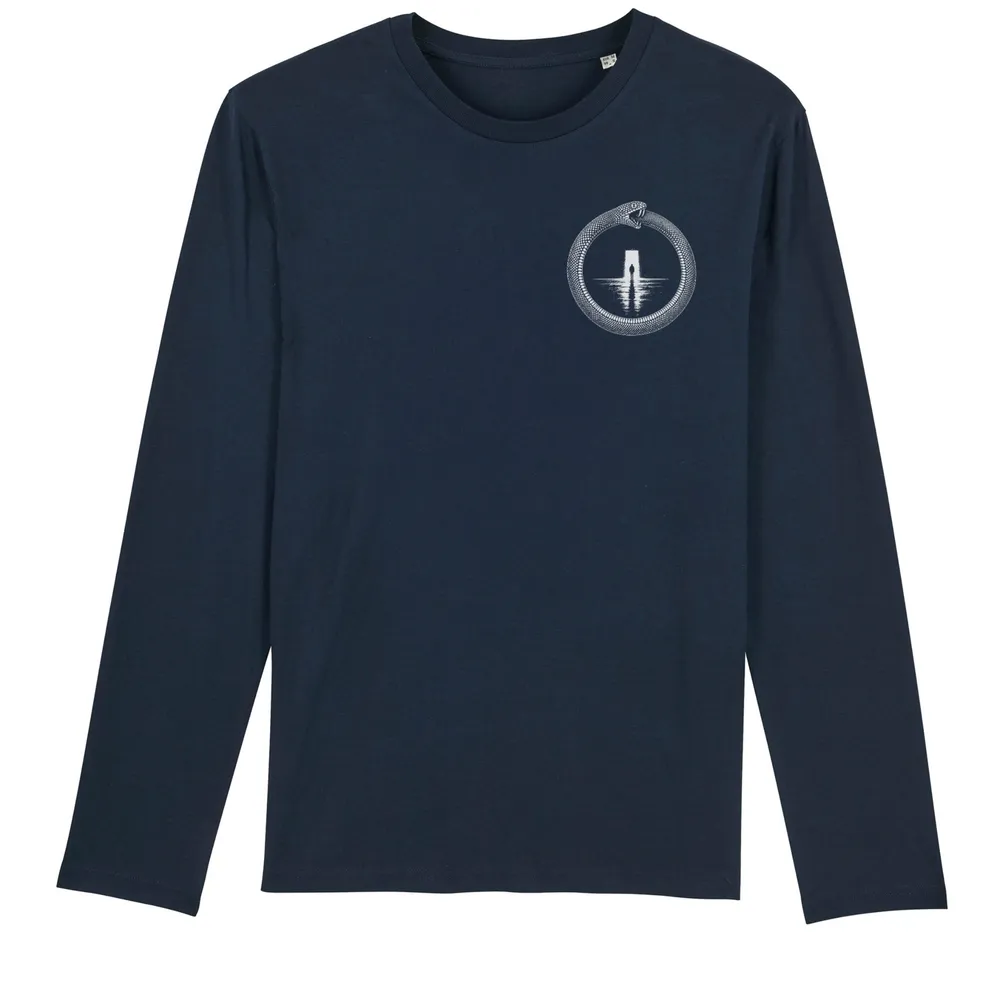 Long sleeve tee in Navy, front view: small ouroboros emblem on the front.