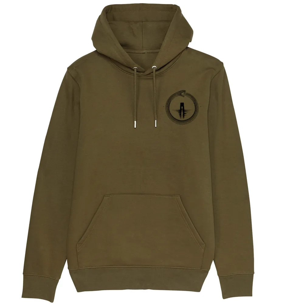 Pullover hoodie in British Khaki, front view: small black ouroboros emblem on the front.